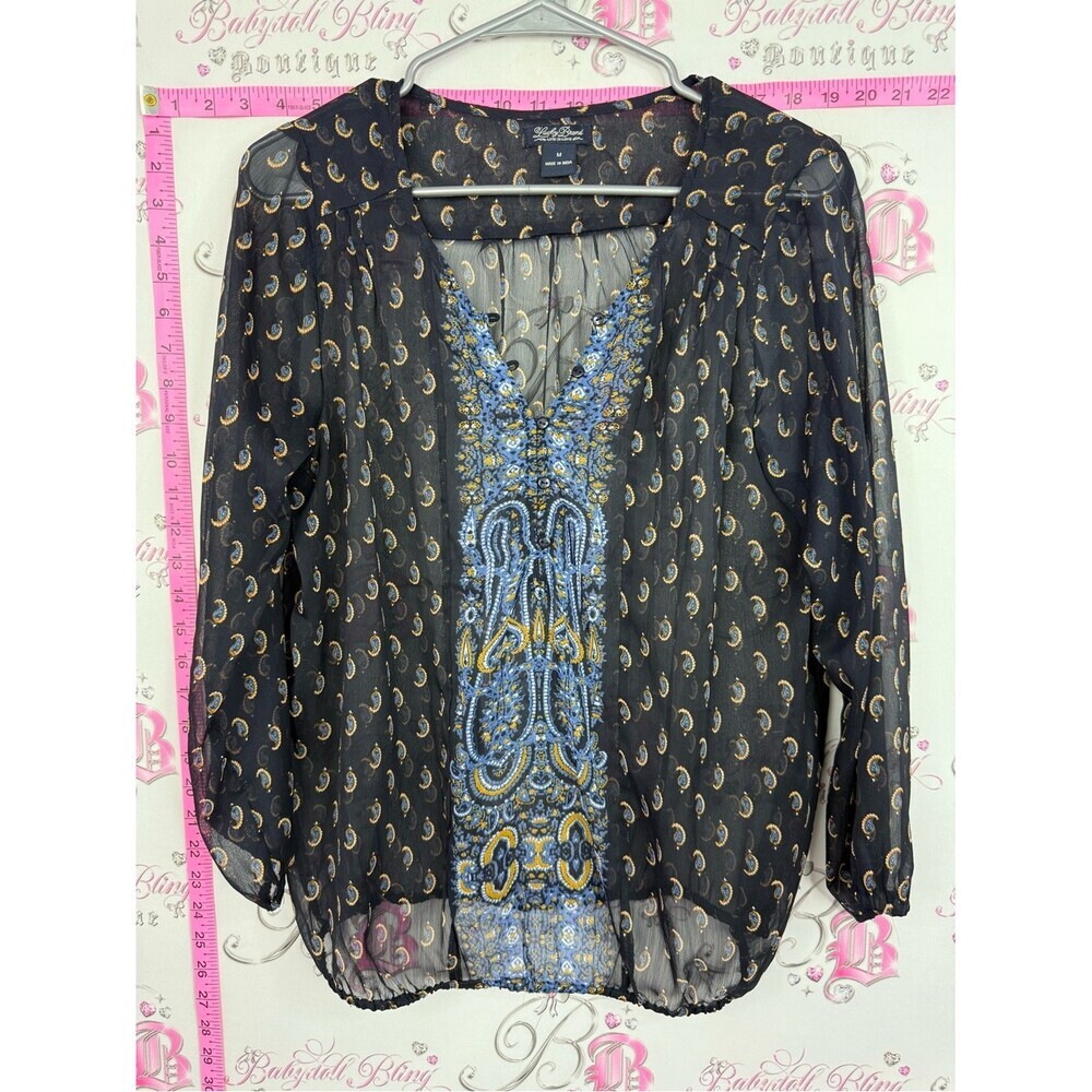 Lucky Brand Black Sheer Blouse with Blue & Gold Embroidery